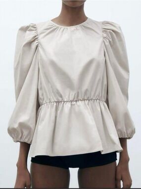 ZARA  top  cream Balloon sleeves Peplum Size M 100% Cotton